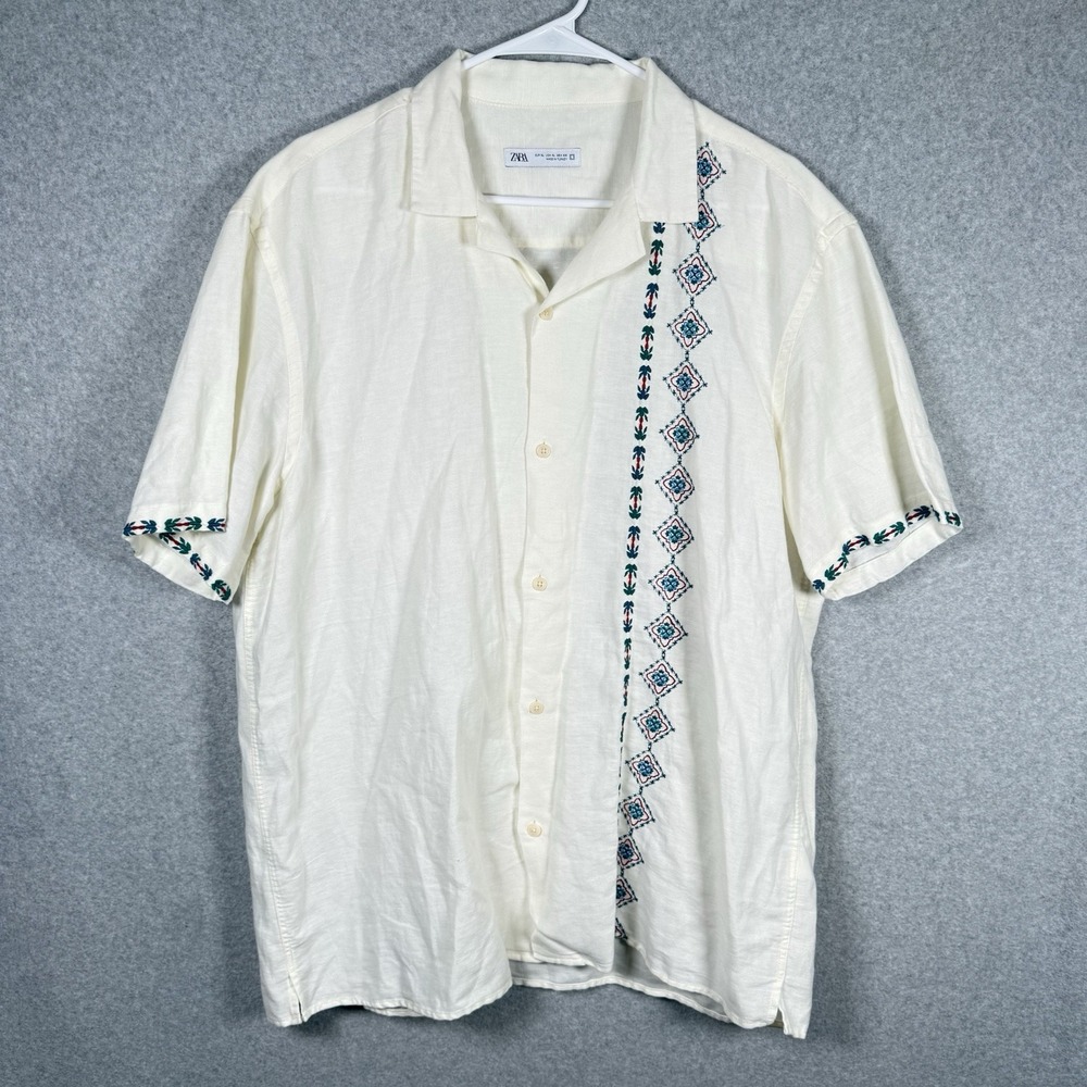 Zara Linen Button Up Shirt Mens XL Embroidered Short Sleeve Ivory